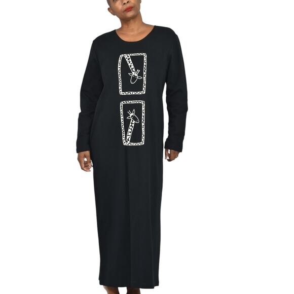 Vintage Cite Giraffe Knit Dress Black Maxi Art To Wear Print Lounge Casual Small - Picture 14 of 14